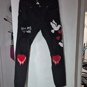 Black Jeans with Heart and Dove Design